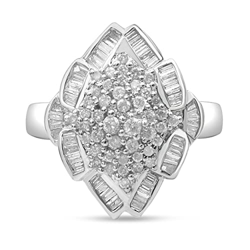 Haus of Brilliance 14K White Gold 7/8 Cttw Round and Baguette-Cut Diamond Cluster Ring (H-I Color, SI2-I1 Clarity) - Size 7