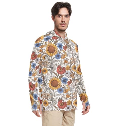 Retro Sunflower Zinnia Hyacinth White Mens Hoodies Shirts Long Sleeve Cooling Hoodies UPF 50 + Beach Shirt S2