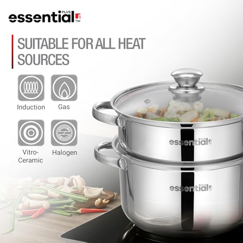 Image of Essential Plus Stainless Steel 2 Tier Steamer (18cm Dia) 2.5L, Multipurpose Pot, Stainless Steel Multi kadai, Even and Fast Heating, For Dhokla, Modak, Patra etc - Induction and Gas Stove Ready