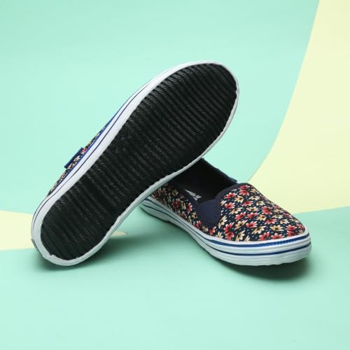 Image of TUFF Women's Canvas Slip-On Sneakers, Navy and Red Floral Print, Rubber Sole, Casual Jutti,Bellies