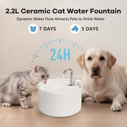 Image of Upgrade Ceramic Cat Water Fountain, 2.2L /78oz Ceramic Cat Fountain, Automatic Ceramic Water Fountain for Cats, Pet Water Fountain with Ultra-Quiet Pump (White)