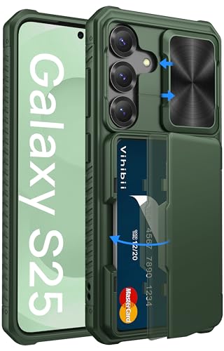 Vihibii for Samsung Galaxy S25 Case with Card Holder (4 Cards) [RFID Blocking] & Slide Camera Cover, Military Grade Drop Protection, Rugged Hard Back & Silicone Edge Wallet Case, 6.2″ 2025, Green- Best and cheap mobile covers in India