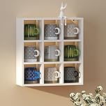Helsin 9 Grid Vintage Coffee Mug Display Rack, 16inch Wall Mounted Wooden Curio Shadow Box Shelf, Cup Floating Shelves Display and Organizer (White)