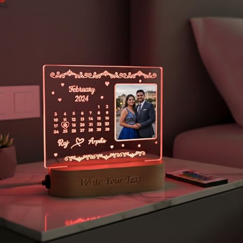 Image of Personalized Calendar LED Photo Lamp - Custom Date Night Light with Photo, Names & Special Day Highlight - Anniversary, Wedding, Valentine Gift for Couples Brother Sister