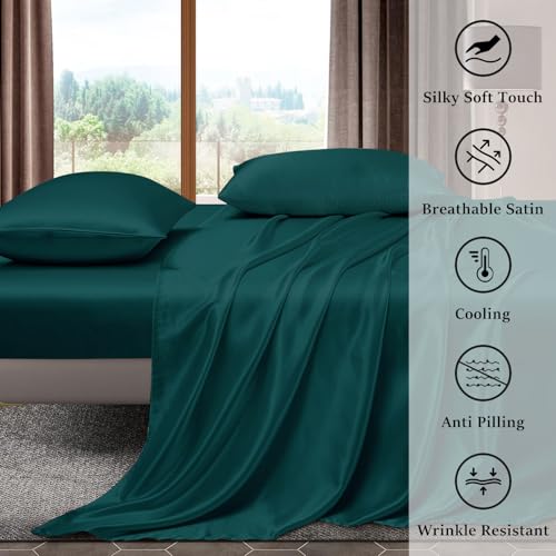 Image of Homestan Satin Bedsheet for King Size Bed with 2 Pillow Covers, Modern Bed Sheet for Romantic Nights(100x108 inches, Peacock Green)