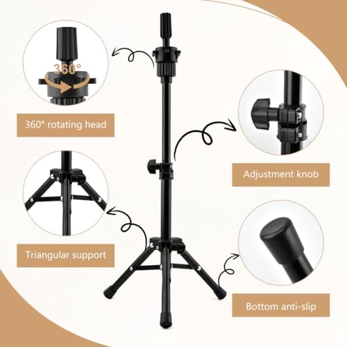 Jeyntanc Wig Head Stand, Adjustable Mannequin Head Stand for Styling, Wig Stand Tripod for Cosmetology Hairdressing Training, with Wigs Caps, Comb, Storage Bag(COLOR:black)