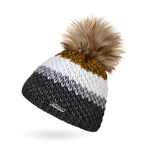Neverless® Damen Strick-Mütze gefüttert Fleece-Innenfutter Fell-Bommel Kunstfell Winter-Mütze Bommelmütze Grobstrick Mehrfarbig dunkelgrau-weiß Unisize