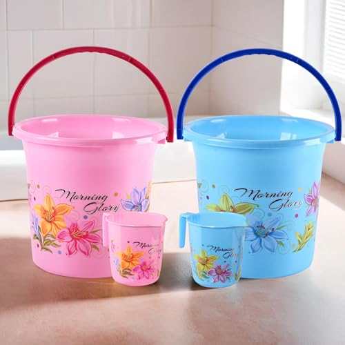 Image of Heart Home (Set of 4) Bathroom Bucket & Mug Set | Bath Combo Set for Hotels, Laundry, Dorms (Each 1 Pieces) Bucket-18 L & Mug-500 ml Bathing Set | Bathroom Accessories Set | Blue & Pink