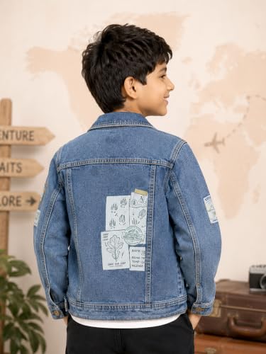 Image of KiddoPanti Boys Denim Jacket | Cotton Poly Blend with Spandex | Washed Denim, Full Sleeve | Button Closure & Front Flap Pockets | Collared Neck