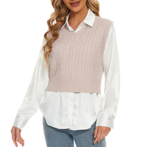 Zando Sweater Vest Women Sleeveless V-Neck Loose Argyle Preppy Style Soild Color Knitted Vest Oversized Casual Pullover Crop Knit Sweater Vests For Women Trendy Khaki Small #TOP3