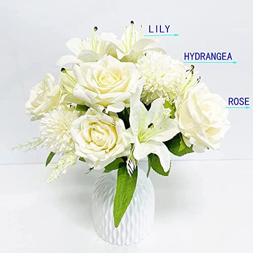 NAWEIDA Artificial Flowers Bouquets of Roses, Hydrangea and Lilies. Realistic Fake Flower Arrangement for Home Decoration of Bridal Bouquet, Living Room Dining Table-2 Pack