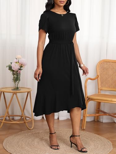 Image of PerZeal Women's Summer Dress Casual Ruffle Sleeve Crewneck A-Line Tiered Flowy Short Sleeve Long Dress with Belt