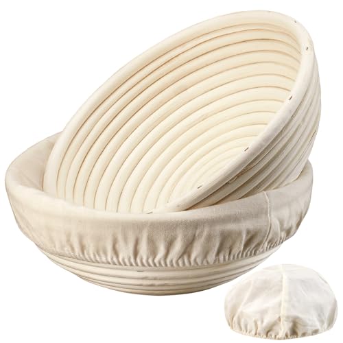 Dimpola Banneton Bread Proofing Basket - 9 inch Banneton Basket Set of 2 Sourdough Proofing Basket Round Proofing Bowls Handmade Rattan Baskets and Liners