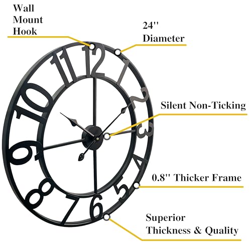 CLXEAST 24 Inch Wall Clocks for Living Room Decor, Large Black Metal Wall Clock Battery Operated, Silent/Non Ticking, Regular Arabic Numeral by CLXEAST - Used condition - Image 2