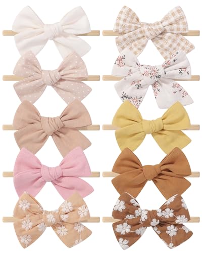 10PCS Doboi Baby Girls Headbands Hair Bows Nylon Linen Hairbands Handmade Hair Accessories for Newborn Infant Toddlers Little Girl and Kids 3.5Inches
