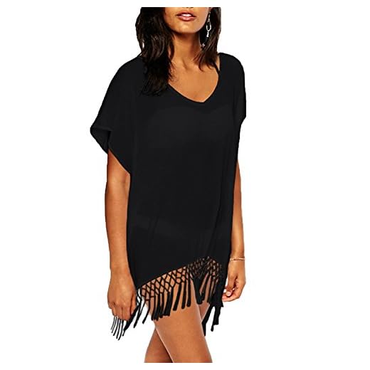 UMIPUBO Mujer Ropa de Baño Suelto Vestido de Playa Borla Verano Camisolas y Pareos Transparente Bikini Cover up (Negro)