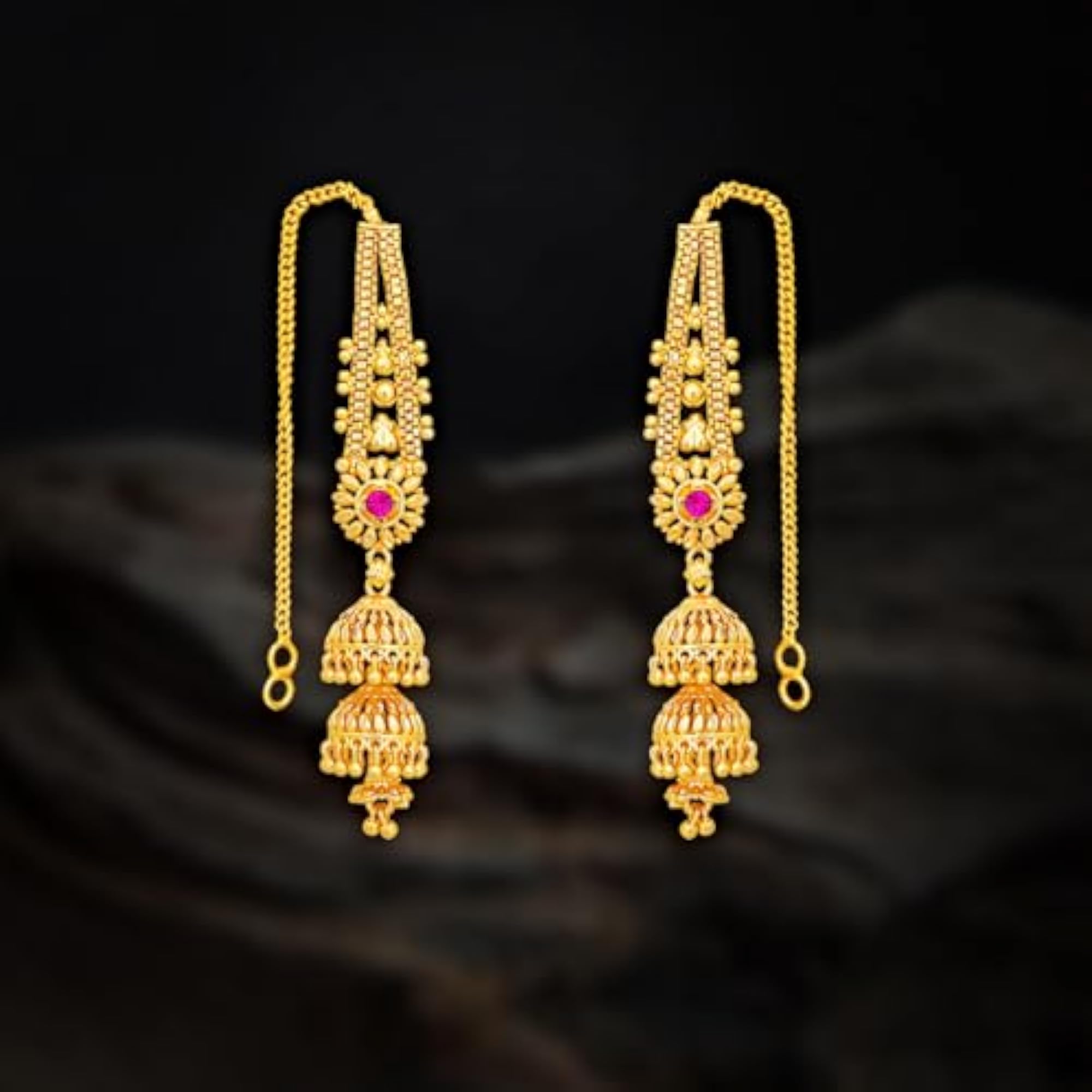 Women's Traditional Micron Plated Kaan Chain Jhumki Earrings