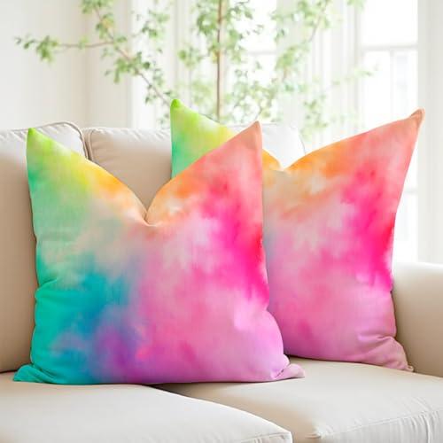 Sinpooo 16x16 Pillow Covers Set of 2, Tie Dye Decorative Throw Pillow Cover for Home Decor, Sofa Couch Pillow Covers for Living Room, Rainbow