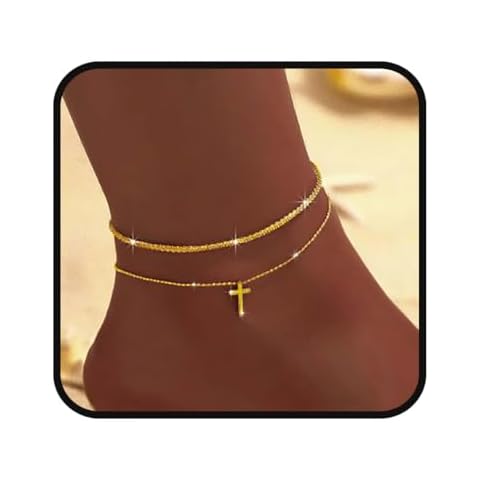 Flimire S925 Sterling Silver Anklets Dainty 14K Gold Plated Waterproof Ankle Bracelets Rhinestone Cross Layered Anklet Chain Glitter Fashion Foot Jewelry for Women (Gold Layered+Cross) Cover
