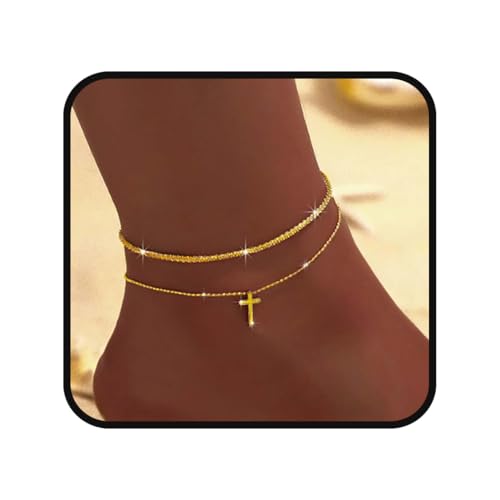 Flimire S925 Sterling Silver Anklets Dainty 14K Gold Plated Waterproof Ankle Bracelets Rhinestone Cross Layered Anklet Chain Glitter Fashion Foot Jewelry for Women (Gold Layered+Cross)