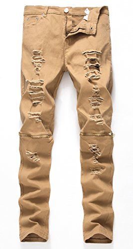 NITAGUT Men’s Skinny Ripped Destroyed Slim Straight Fit Zipper Jeans With Holes (US 36/Tag 38, Khaki)