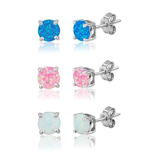 Sterling Silver Blue, Pink & White Created Opal Set of 3 Round 6mm Basket-set Stud Earrings