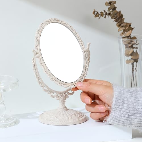 XPXKJ Vintage Room Decor Desk Mirror- Exquisite Makeup Mirror for Girls' Coquette Aesthetic Mirror (Khaki)