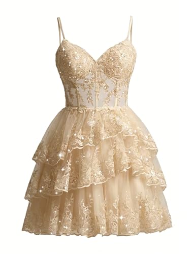 Wchecalino Champagne Tulle Homecoming Dress Flowy for Teens Short Sparkly Layered Corset Lace Formal Mini Prom Gown for Women 2026 8-cp