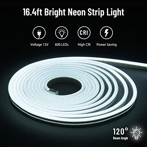 Glattever 16.4Ft/5M White Neon Led Strip Lights 12V 600 Leds Light Strip Silicone Waterproof Led Rope Lights Flexible Cuttable Led Lights For Indoors Outdoors Diy Decor (Power Adapter Included) #TOP3