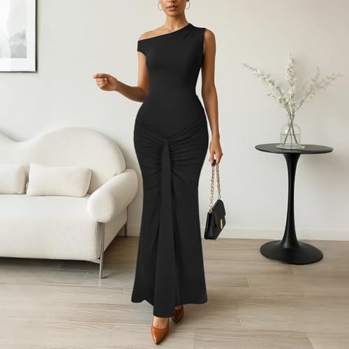 HWP Women Summer Bodycon Maxi Dress Sleeveless Boat Neck Ruched Casual Long Cocktail Dress Black L — view 2