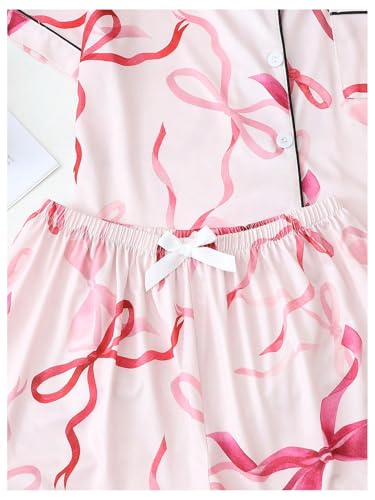 Image of Verdusa Women's 2 Piece Floral Bow Pajama Set Short Sleeve Button Down Shirt and Shorts Set