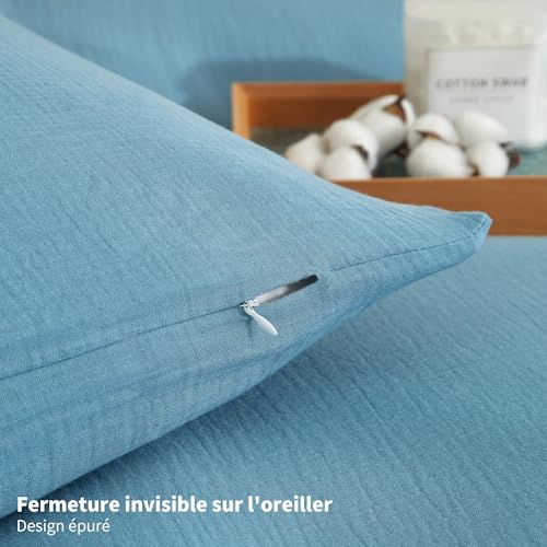 Housse de couette gaze de coton 220x240 bleu parure de lit double 100% coton - 8
