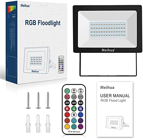 MEIHUA 60W RGB Flood Lights Outdoor, 360° RF Remote Control Garden Lights Timing and Memory Function Color Changing Led Floodlights for Christmas Halloween Outdoor Decoration Stage Lights Pack of 2