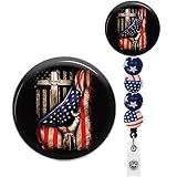4th of July Badge Reel Retractable with Alligator Clip Cross God Bless America Patriotic Name Badge