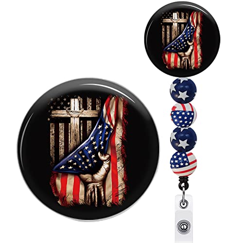 4Th Of July Badge Reel Retractable With Alligator Clip Cross God Bless America Patriotic Name Badge Holder Independence Day Decorations For Nurse Doctor Rn Student Office Worker (With Beads) #TOP12