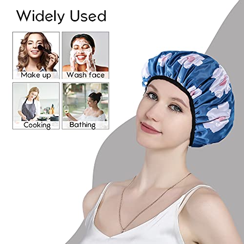 YIZIJIZI Terry Lined Shower Caps, Triple Layer Large Shower Cap for Women, Reusable Shower Caps for Long Thick Hair, Waterproof Washable Soft Bath Shower Caps for Hair Care (Blue)