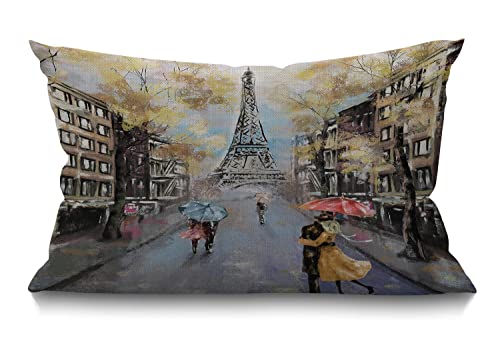 Housse de coussin Paris 30 x 50 cm Peinture à l'huile Automne Amoureux Baiser sous la pluie France Rue Eiffel Tour Taie d'oreiller Rectangle Décoration Maison Coton Lin Housse de coussin pour lit