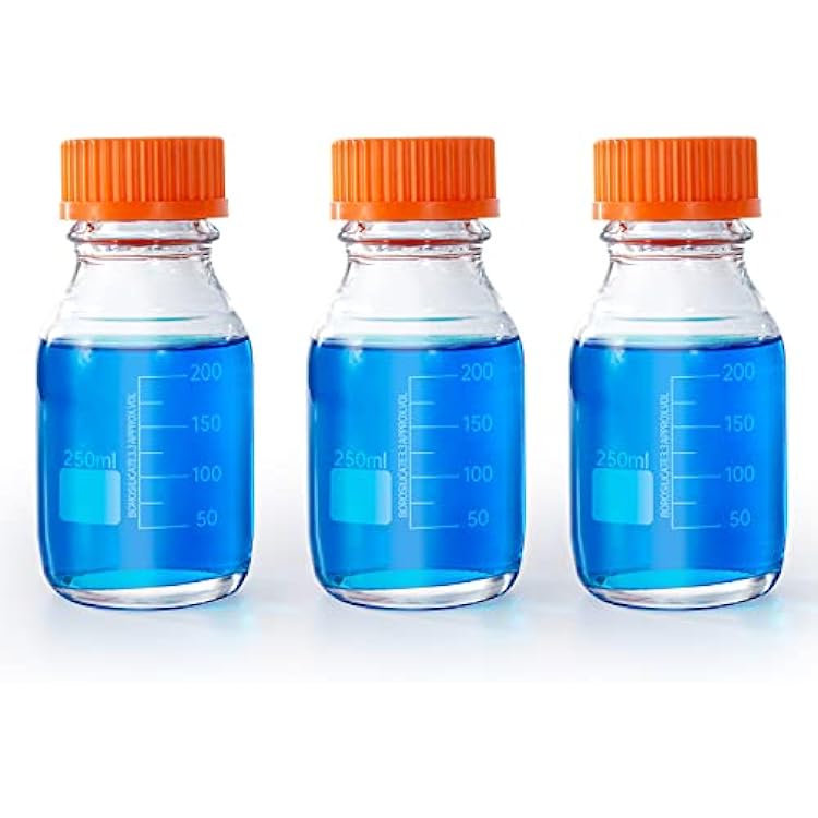 250ml Round Media Storage Bottles with GL45 Screw Cap Borosilicate Glass Maximum temperature 249.8F Pack of 3