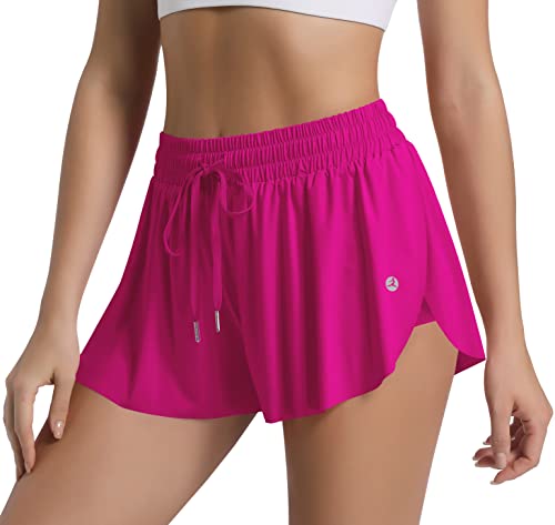 Women 2 in 1 Flowy Butterfly Running Shorts with Spandex Underneath and Pocket for Athletic Workout