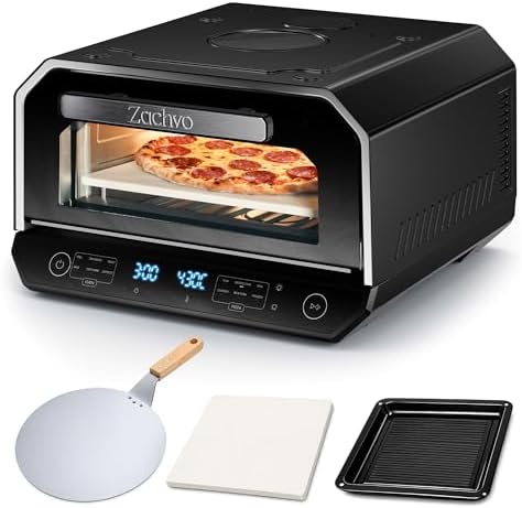 Pizzaofen Elektrisch 450°C – Neapolitanische Pizza in 2 Min, Sichtfenster & Innenbeleuchtung, 6 Programme & & 6 Kochmodi, Profi-Koch-Modus, Pizzaschaufel & Pizzastein & Backblech,S