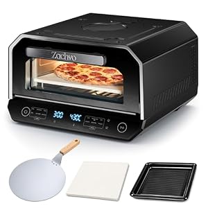 Pizzaofen Elektrisch 450°C – Neapolitanische Pizza in 90 Sek, Sichtfenster & Innenbeleuchtung, 6 Programme & & 6 Kochmodi, Profi-Koch-Modus, Pizzaschaufel & Pizzastein & Backblech,Schwarz
