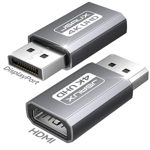 JSAUX 4K DisplayPort to HDMI Adapter 2 Pack, Uni Directional DP Source to HDMI Display Converter, 4K@30Hz, 2K@60Hz, 1080P@120Hz, Male to Female, for Desktop GPU and PC DisplayPort Output-Grey by JSAUX - Used condition - US$8.57