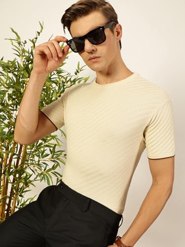 Image of Thomas Scott Men's | Textured | Half Sleeve | Slim Fit | 100% Cotton | Round Neck | Casual Tshirt