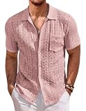 COOFANDY Men's Knit Shirts Short Sleeve Button Down Vintage Polo Shirt Casual Beach Shirts Top Dusty Pink
