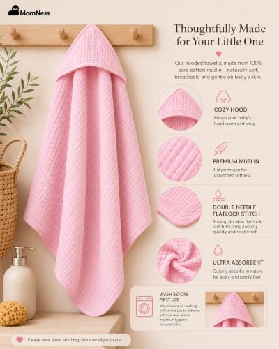 Image of Baby Hooded Bath Towel 100% Cotton Muslin 76x76 cm, 0-3Y, Newborn | 4-Layer Crinkle Fabric, Ultra Absorbent, For Ages 0-3Y