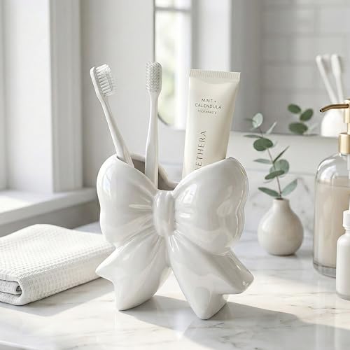 Ivory White Bow Toothbrush Holder, Makeup Brush Holder & Bathroom Decor