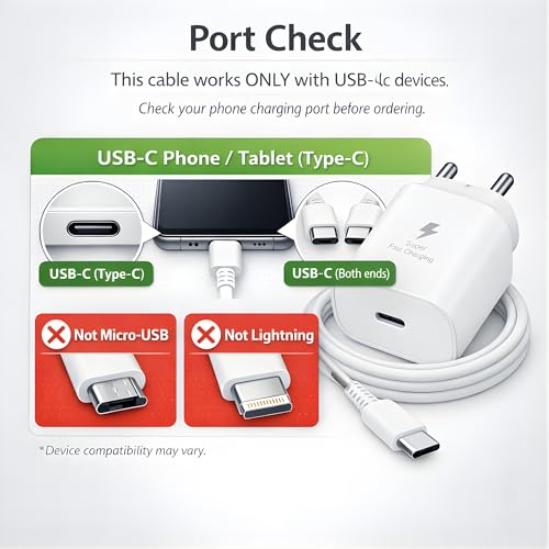 Image of 25W Charger for Samsung with C-to-C Cable | Super Fast Charging C-Type Adapter for Galaxy S26 /S25 Ultra, S24 FE, A56 /A36 /A16, M15 /M17 /M55 5G, F15 /F55 /Z Fold & S /A /M /F /Z Series Phones - BIS Certified
