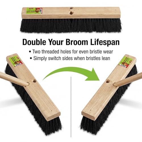 Image of Black Indoor Push Broom Head - Heavy Duty Hardwood Block - Polypropylene Bristles - Deck Scrub Brush - Two Threaded Handle Holes for Better Assist (14 inch)