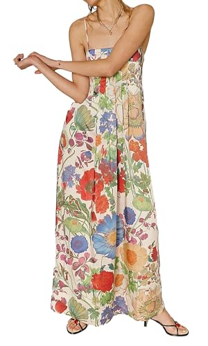 Image of Women Floral Maxi Dress Spaghetti Straps V Neck Lace Patchwork Flowy Tiered Boho Beach Sundress Long Dresses