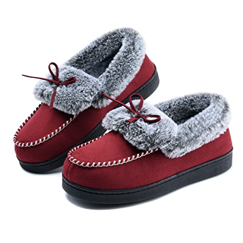 Image of DL Womens Fuzzy Warm Moccasin Slippers Memory Foam, Soft Fluffy Women's Winter House Slipper Closed Back Fur Lined, Cozy Ladies Suede Indoor Bedroom Houseshoes Non-Slip